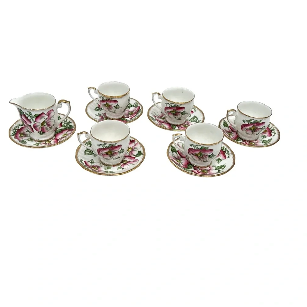 QUEEN ANNE MAGNOLIA BONE CHINA SET OF 5 CUPS & SAUCERS & 1 CREAMER WITH SAUCER